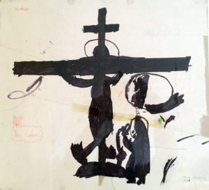 Eine Kinderzeichnung von Kiki: Jesus ist ans Kreuz genagelt. Zu seinen Füßen sitzt Maria, weint und denkt in einer Sprechblase an die Zeit als Jesus als Baby noch sicher in ihren Armen lag