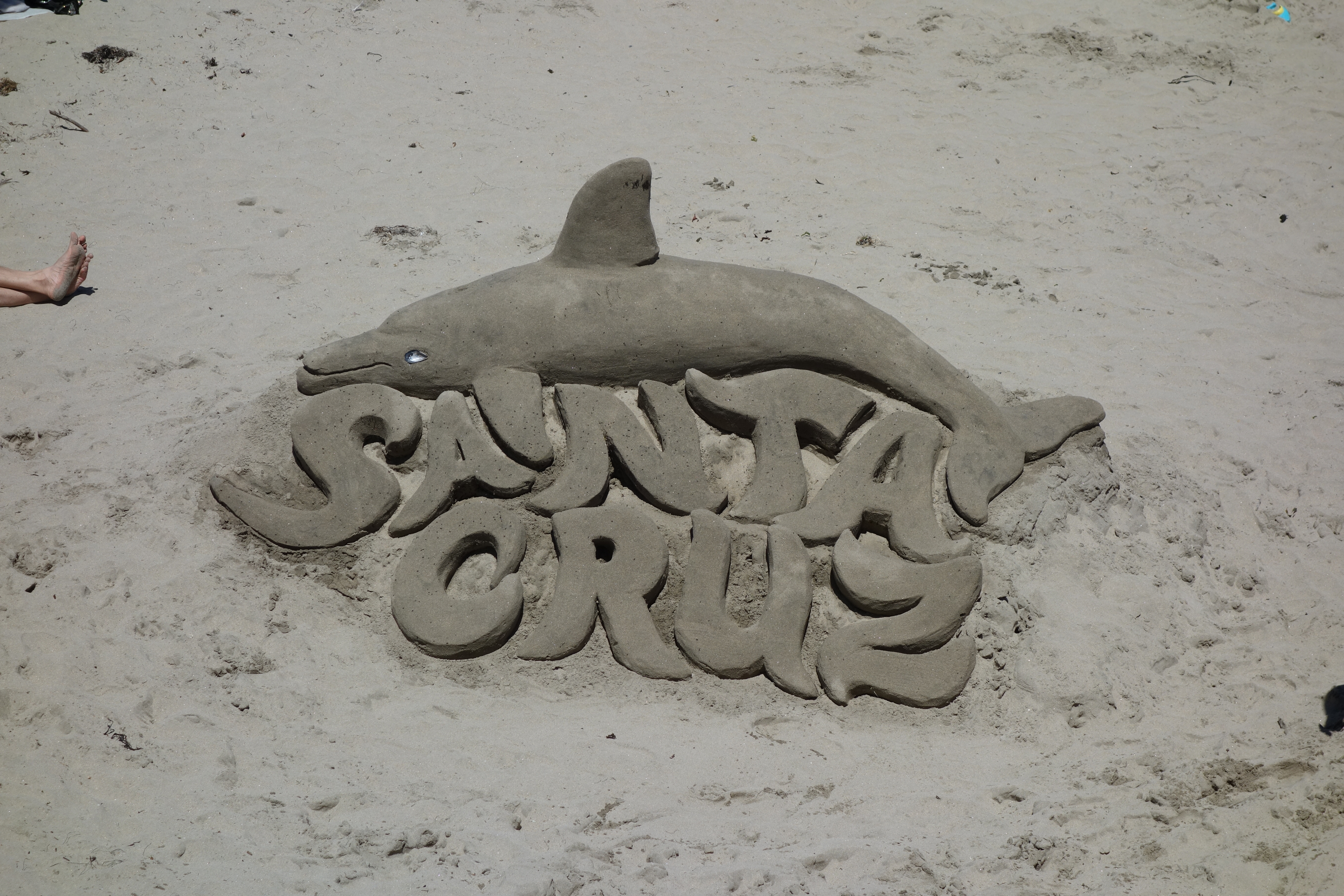 Aus Sand geformter Delfin und die Worte Santa Cruz